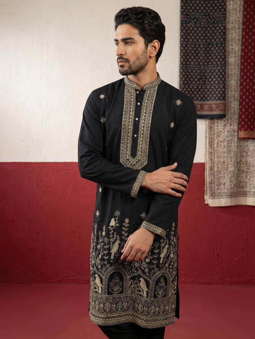 men solid with work mandarin neck kurta pyjama set - 22399488 -  Standard Image - 2