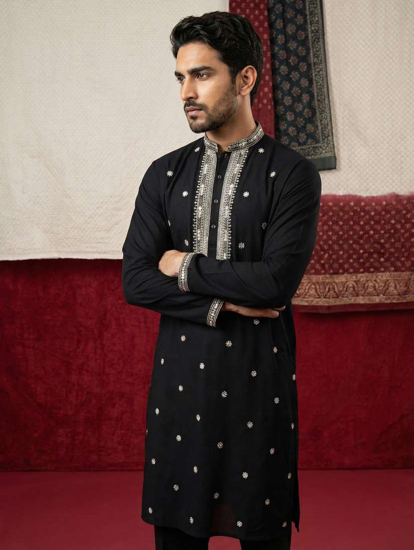 men solid with work mandarin neck kurta pyjama set - 22399490 -  Standard Image - 2