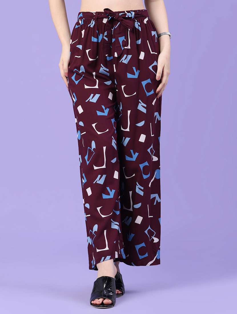 women printed mid rise wide leg trouser