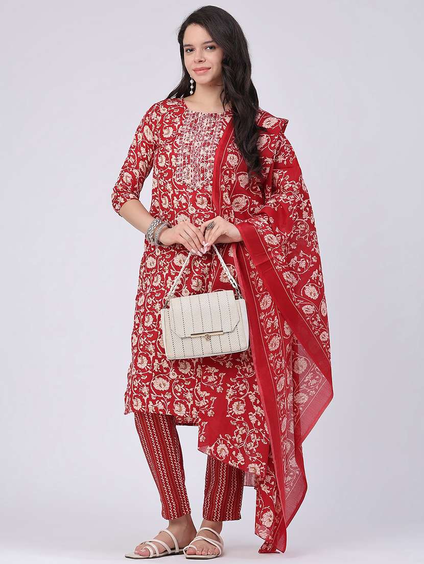 women printed three quarter sleeve kurta pant with dupatta set - 22399563 -  Standard Image - 2