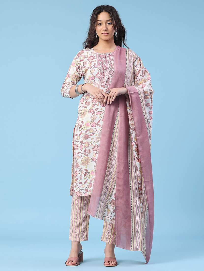 women printed three quarter sleeve kurta pant with dupatta set - 22399571 -  Standard Image - 2