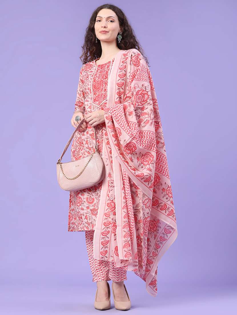 women printed three quarter sleeve kurta pant with dupatta set