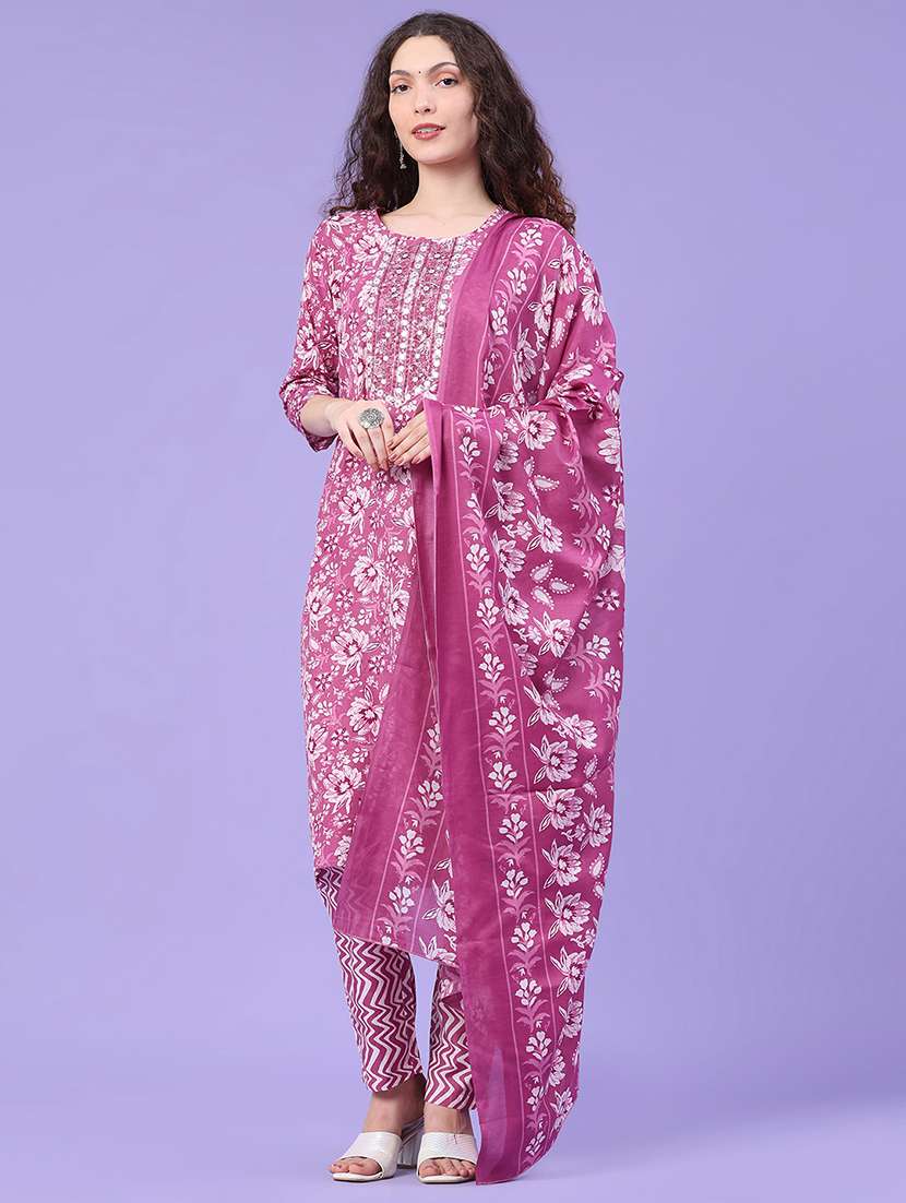 women printed three quarter sleeve kurta pant with dupatta set - 22399576 -  Standard Image - 2