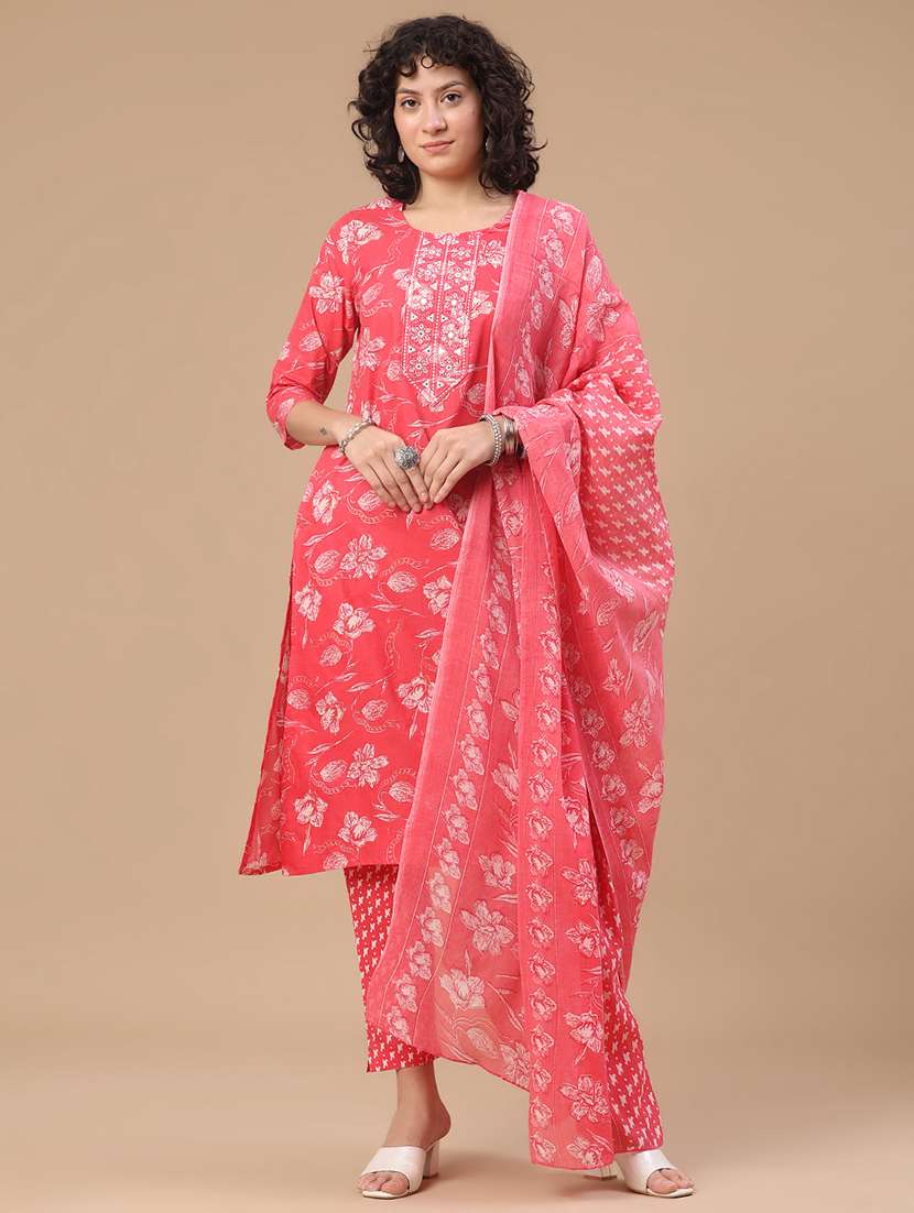 women printed three quarter sleeve kurta pant with dupatta set - 22399593 -  Standard Image - 2