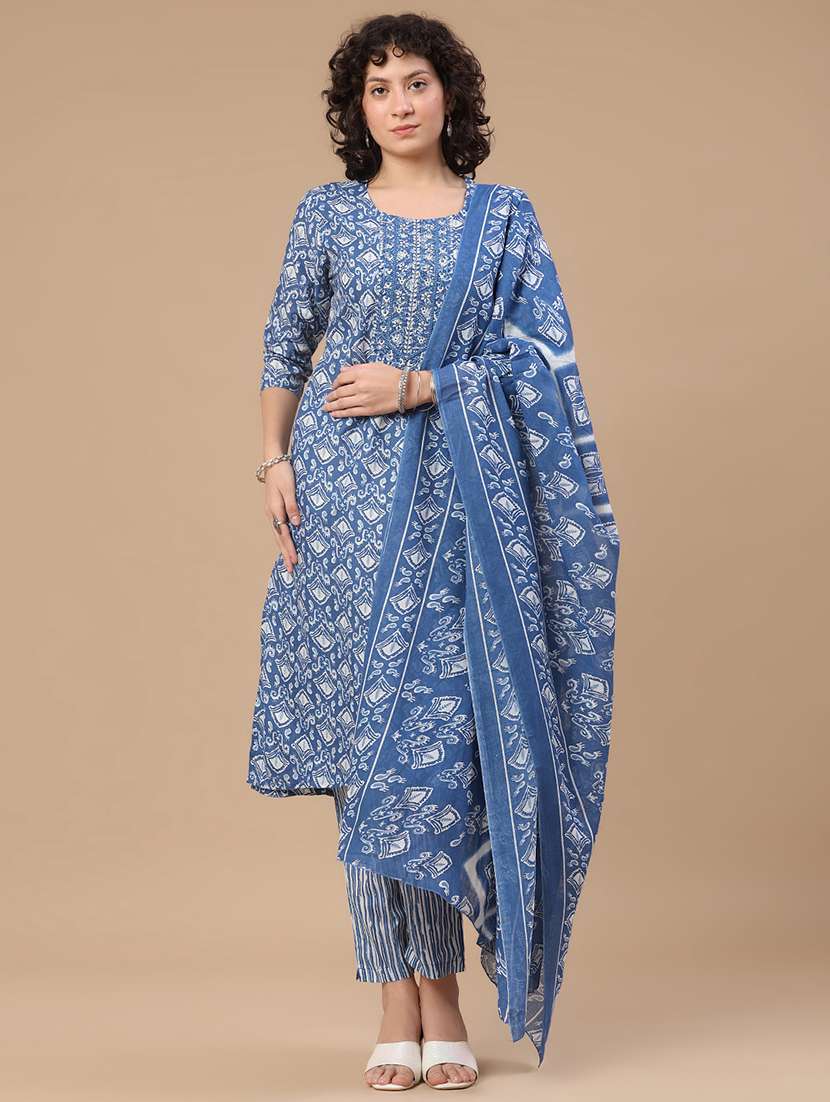 women printed three quarter sleeve kurta pant with dupatta set - 22399595 -  Standard Image - 2