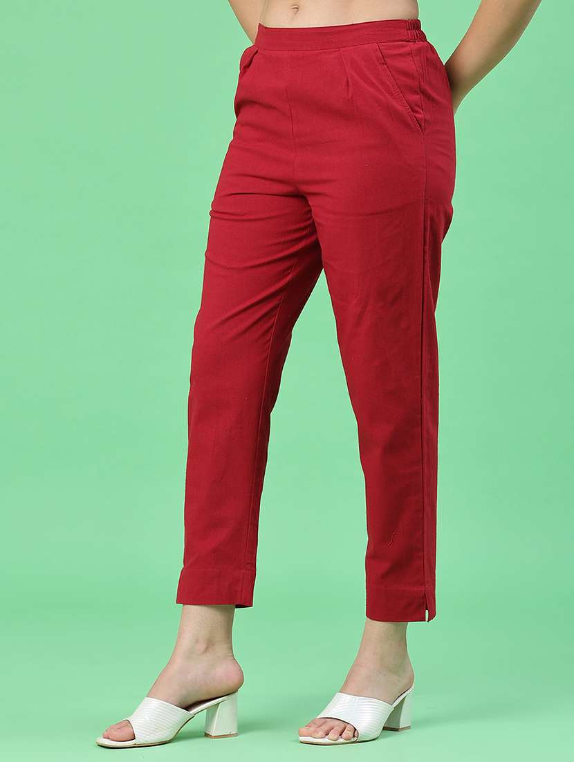 maroon cotton regular fit trousers - 22399729 -  Standard Image - 2