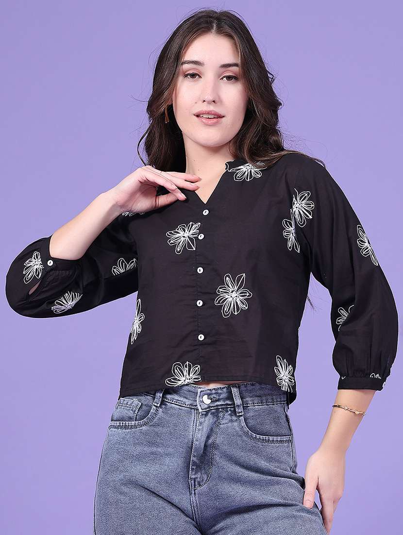 Women Embroidered Three Quarter Sleeves Crop Top - 22399760 -  Standard Image - 2