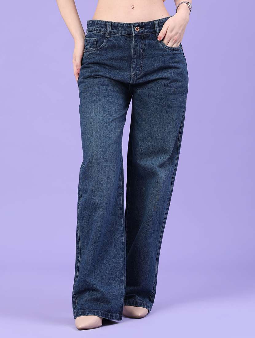 women washed mid rise straight fit jeans