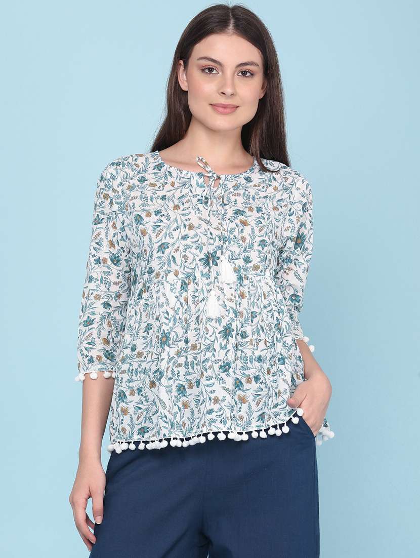 women printed three quarter sleeves a-line top - 22400559 -  Standard Image - 2