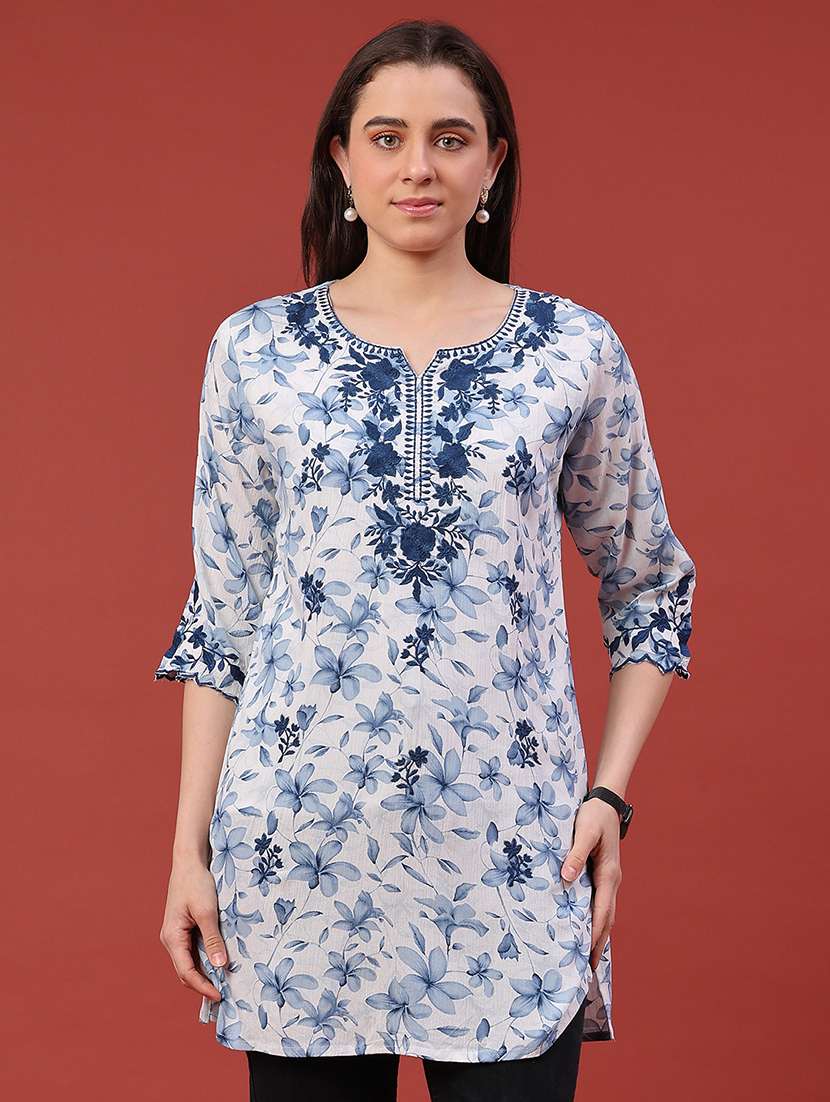 women floral three quarter sleeve straight kurti - 22400578 -  Standard Image - 2