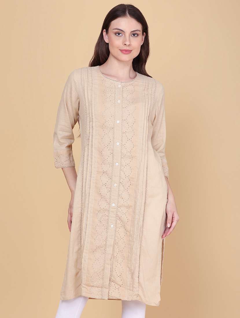 Women Solid With Work Three Quarter Sleeve Straight Kurta - 22400666 -  Standard Image - 2