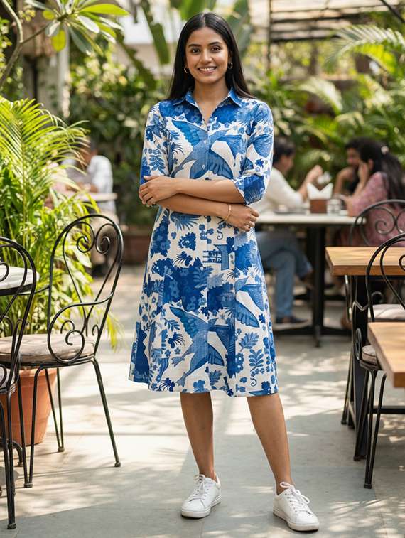 women printed three quarter sleeve a-line dress