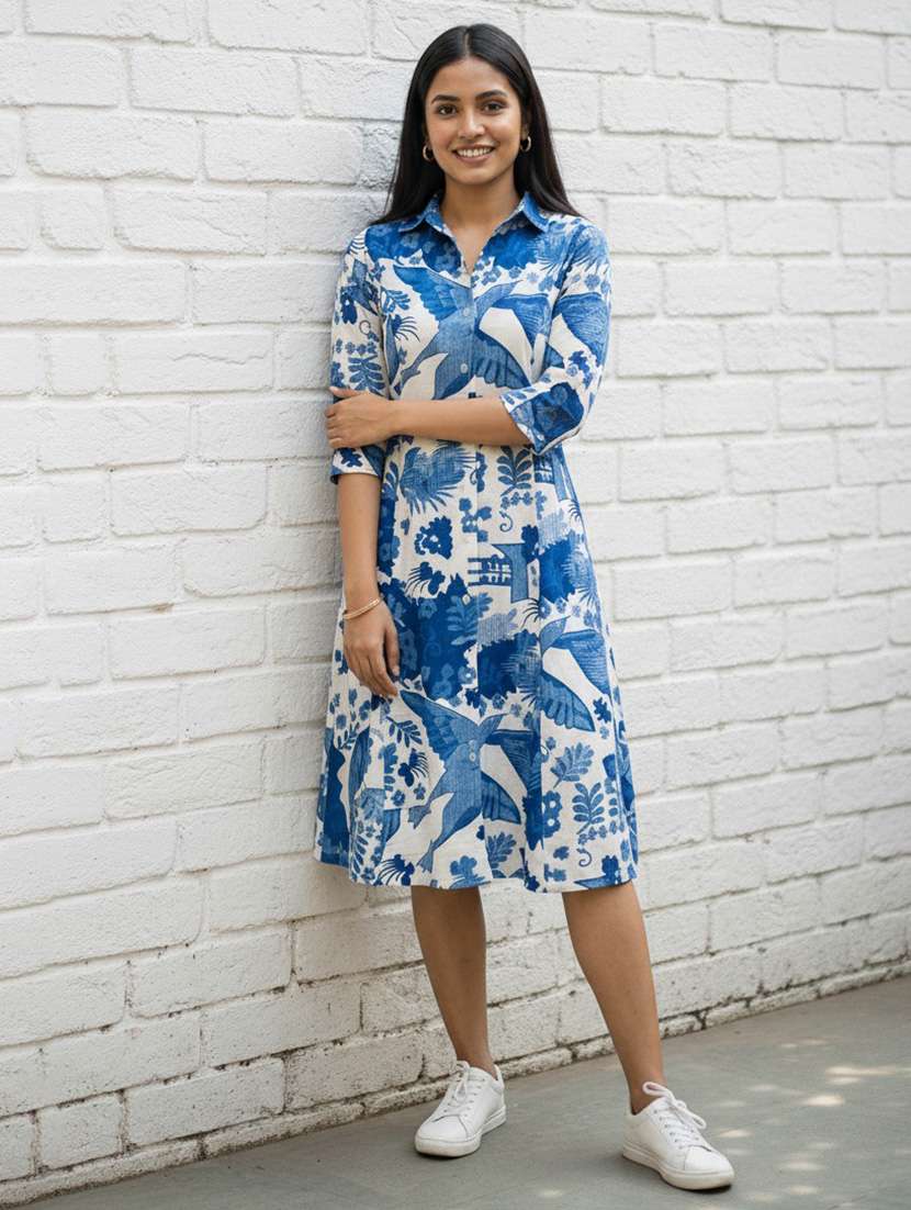 women printed collared three quarter sleeve shirt dress - 22400949 -  Standard Image - 2