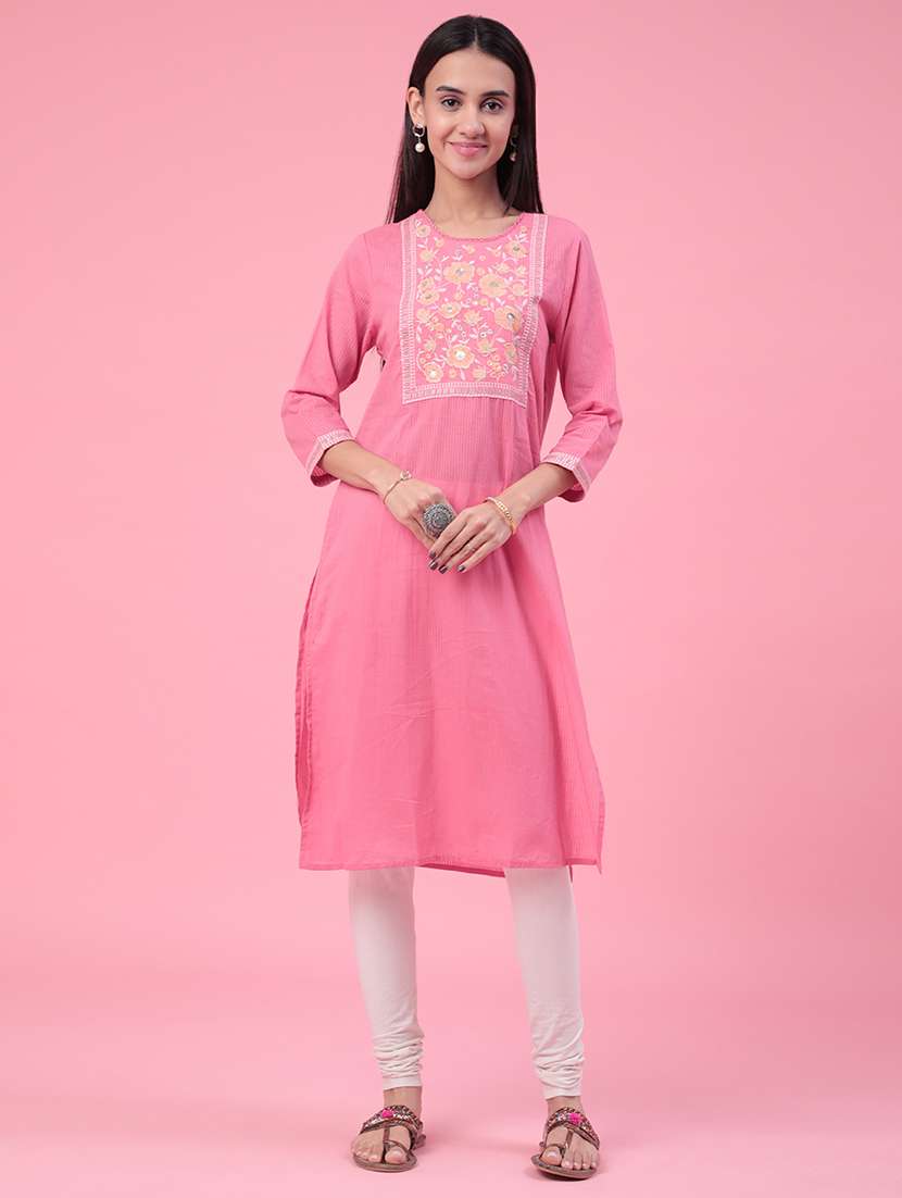 women embroidered three quarter sleeves kurta - 22401129 -  Standard Image - 2