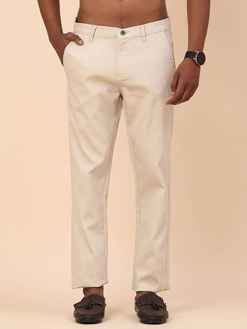 cream cotton flat front casual trousers