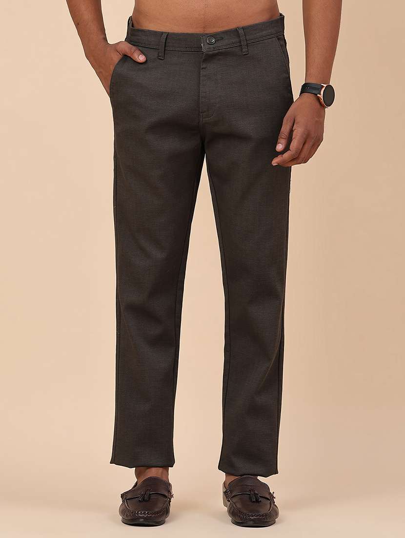 olive cotton flat front casual trousers