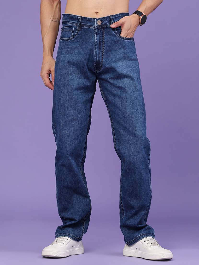 men washed mid rise full length straight jeans