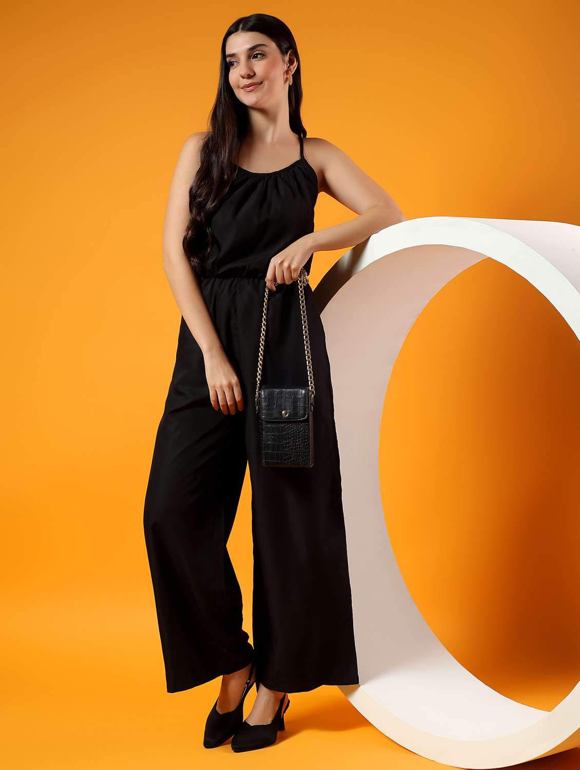 women solid shoulder strap full leg jumpsuit