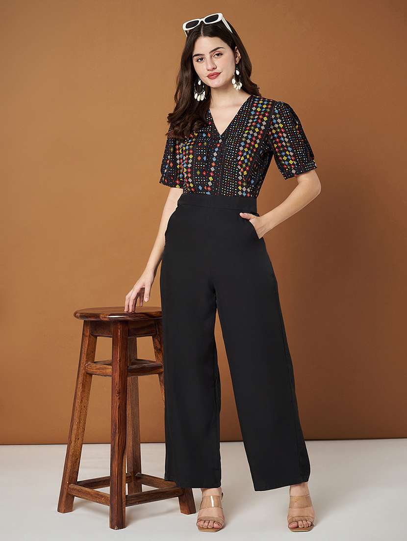 women printed short sleeves full leg jumpsuit