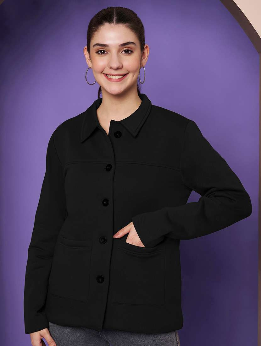 women solid long sleeves regular coat