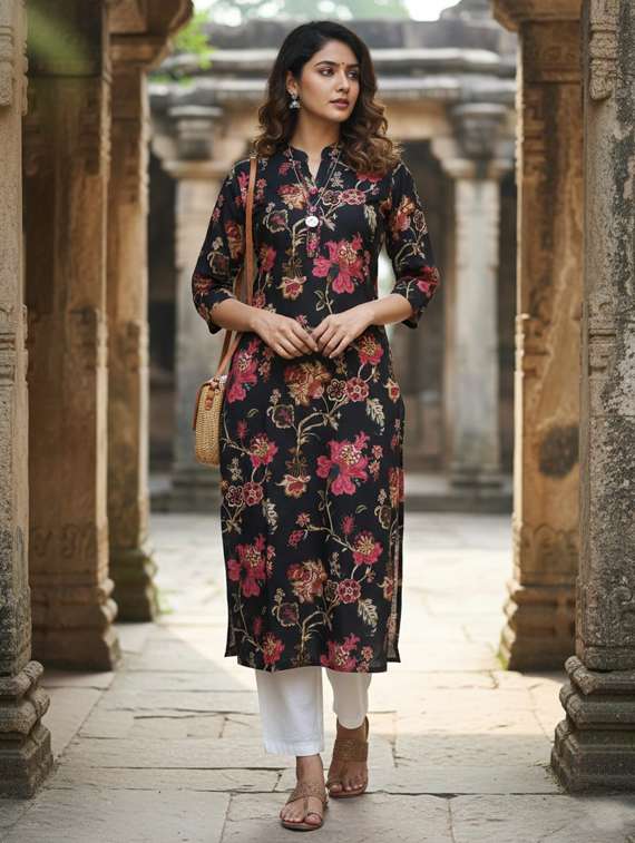women printed three quarter sleeve straight kurta