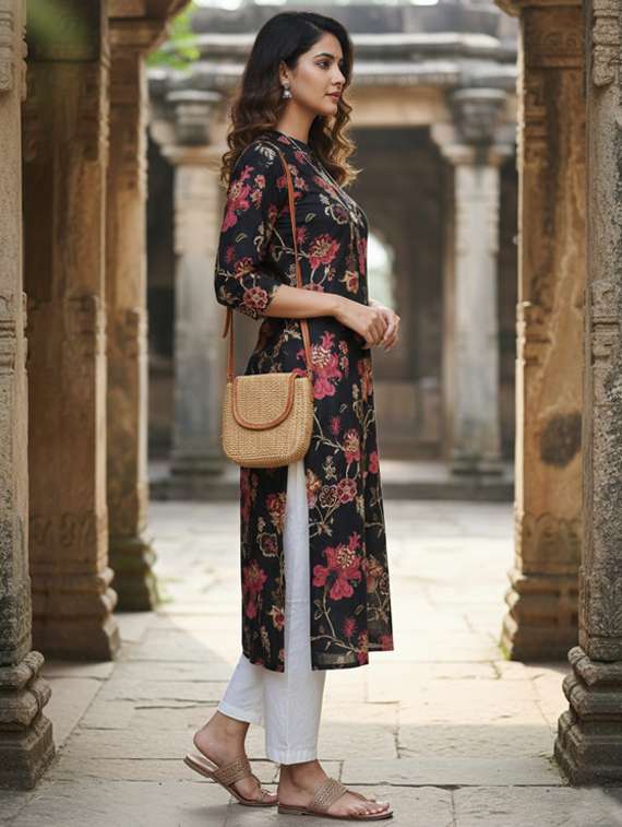 women printed three quarter sleeve straight kurta - 22401820 -  Standard Image - 2