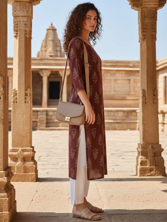 women printed three quarter sleeve straight kurta - 22401821 -  Standard Image - 2