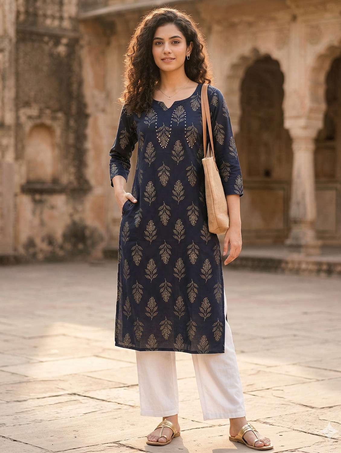 women printed three quarter sleeve straight kurta