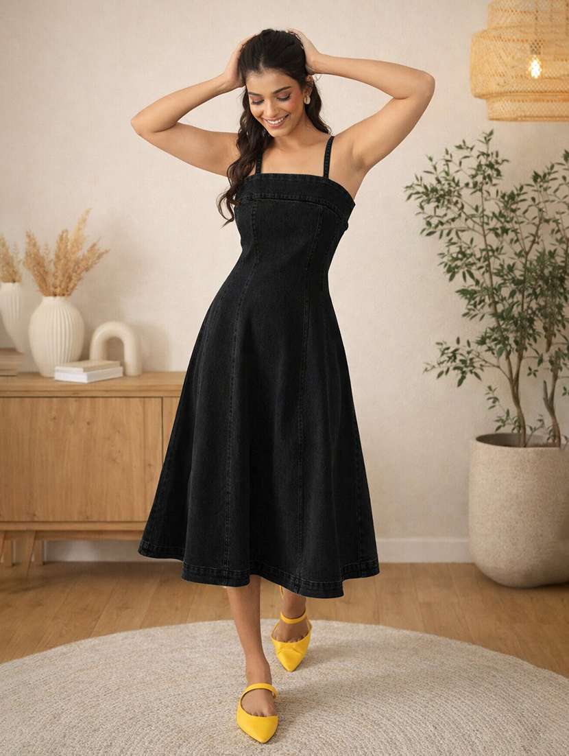 women solid shoulder strap denim fit & flare dress