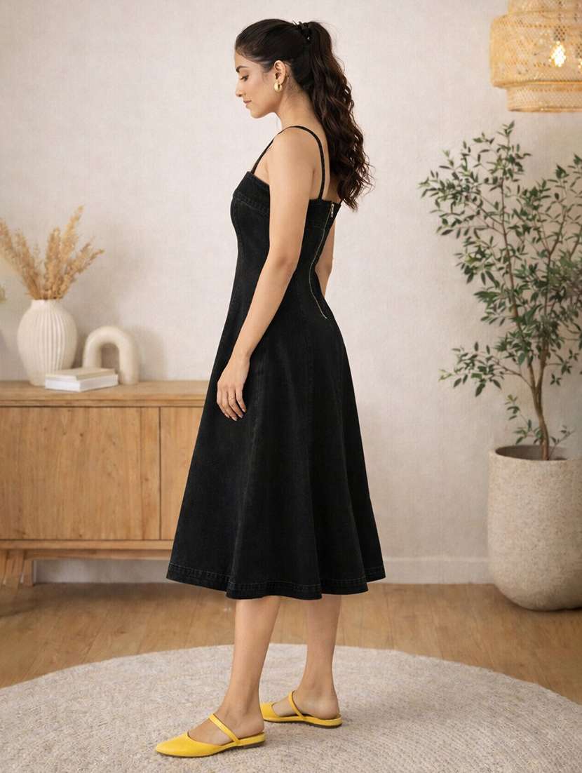 women solid shoulder strap denim fit & flare dress - 22401933 -  Standard Image - 2