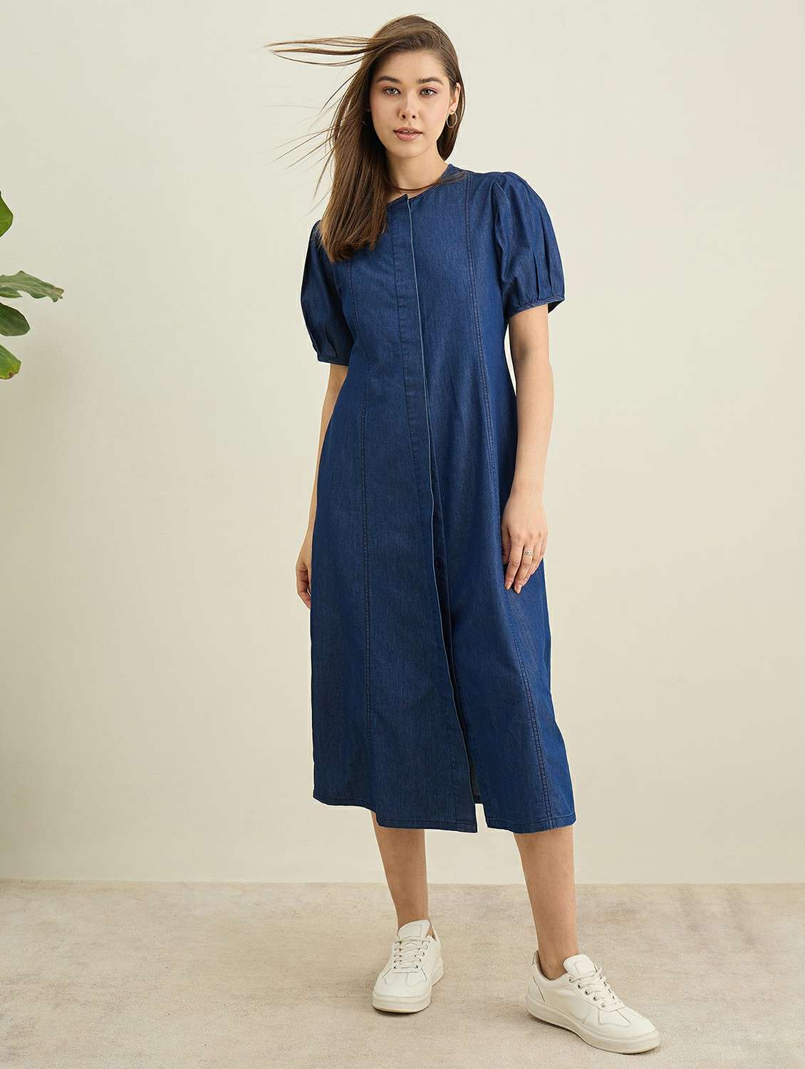 women solid puff sleeve denim a-line dress - 22401934 -  Standard Image - 2