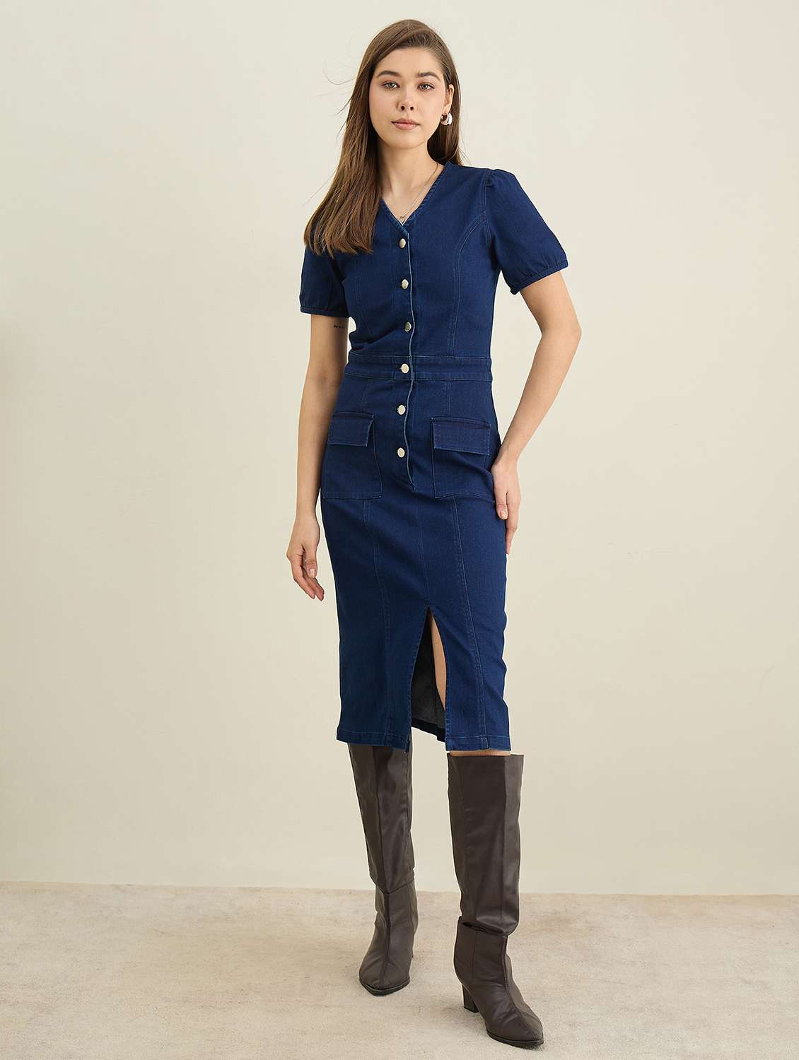 women solid puff sleeve denim bodycon dress - 22401936 -  Standard Image - 2