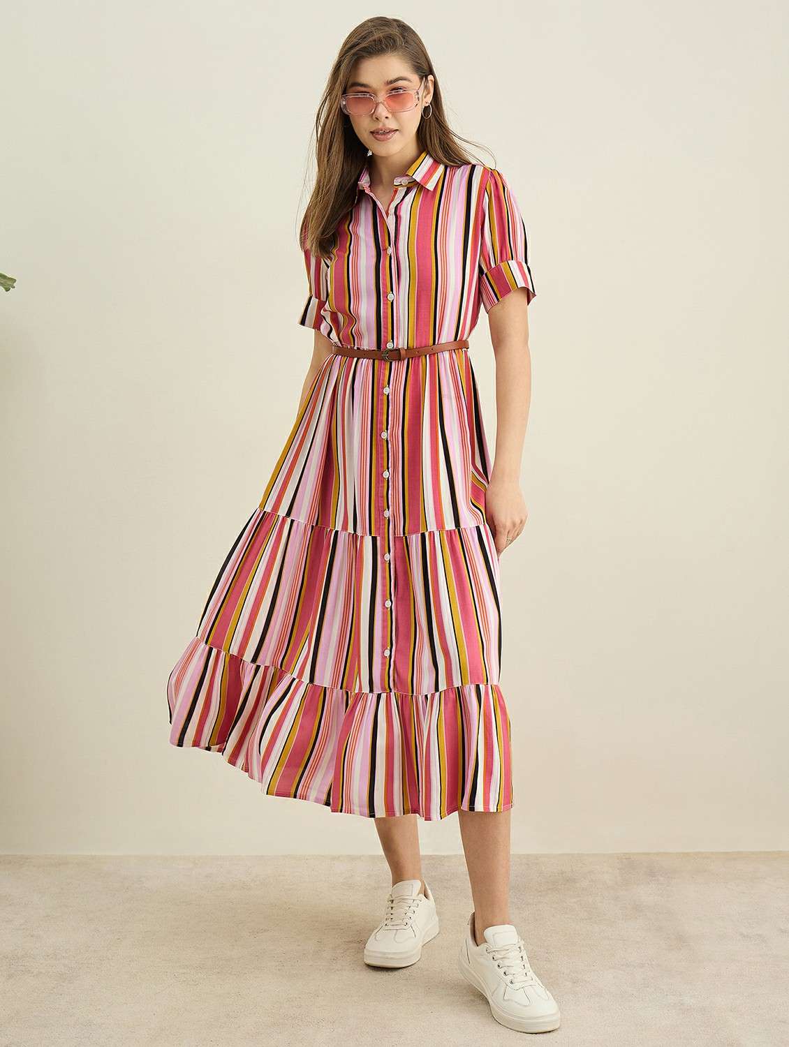 women striped collared short sleeve tiered dress