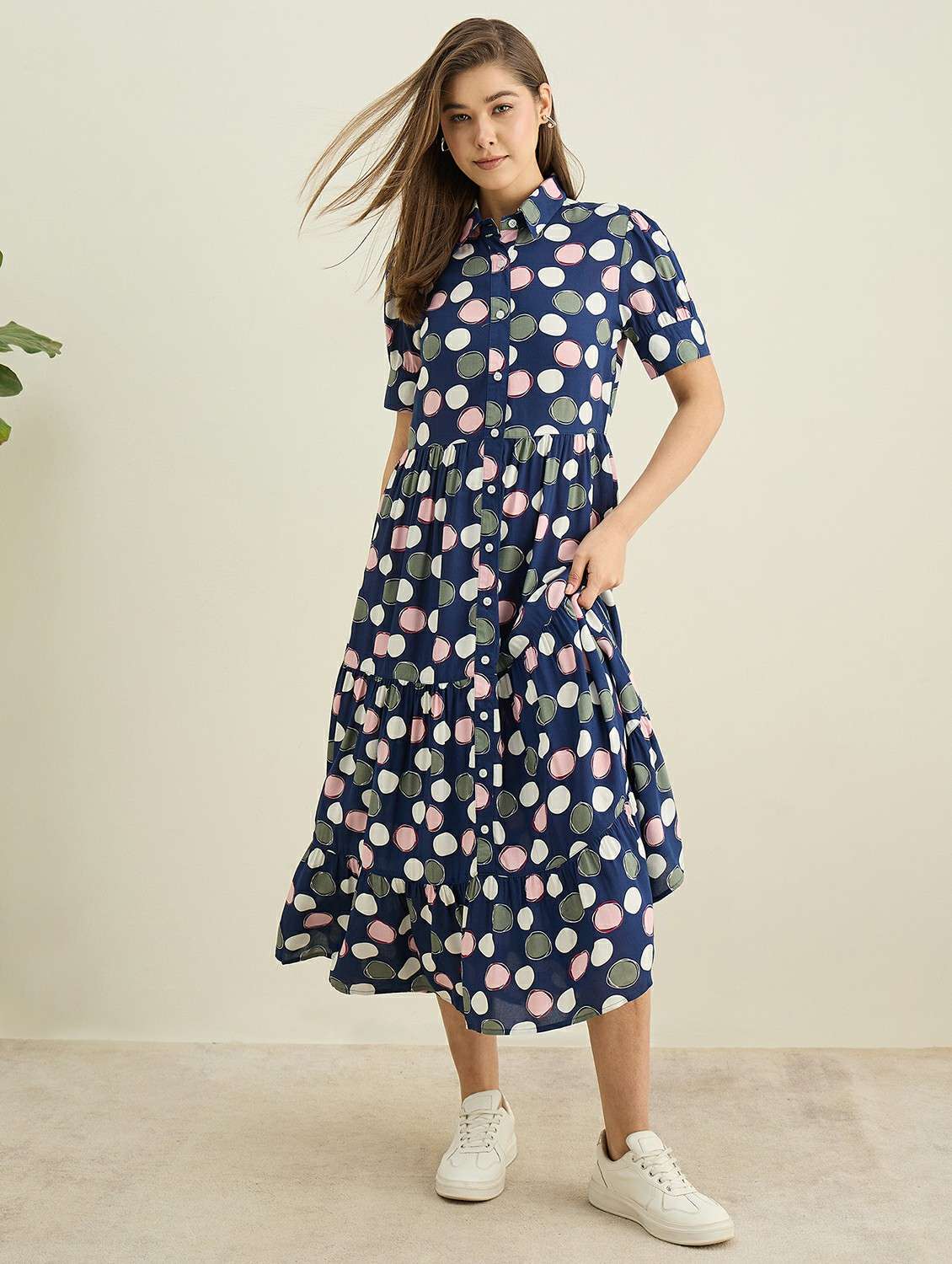 women printed collared puff sleleve tiered dress - 22401938 -  Standard Image - 2