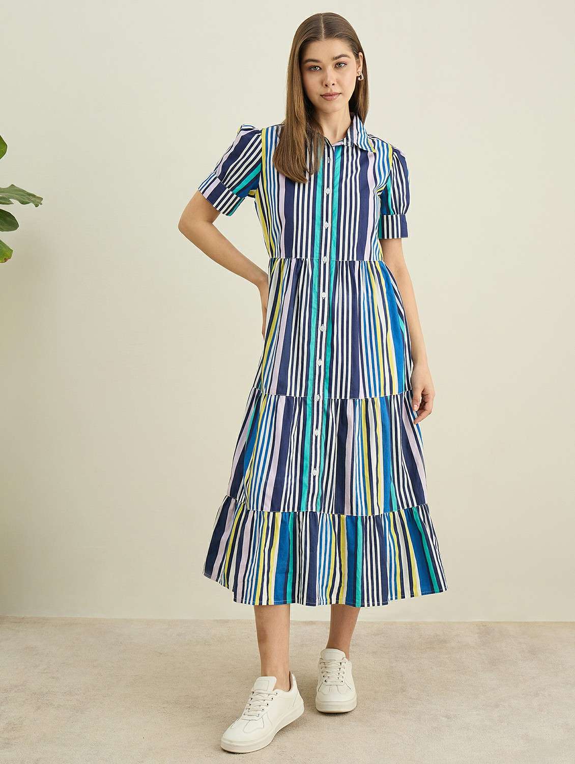 women striped collared puff sleeve tiered dress - 22401939 -  Standard Image - 2