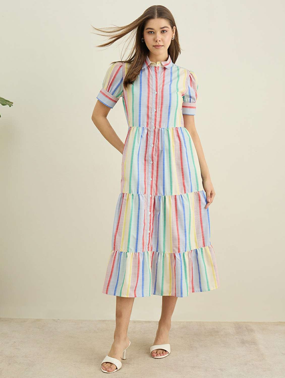 women striped collared puff sleeve tiered dress - 22401940 -  Standard Image - 2