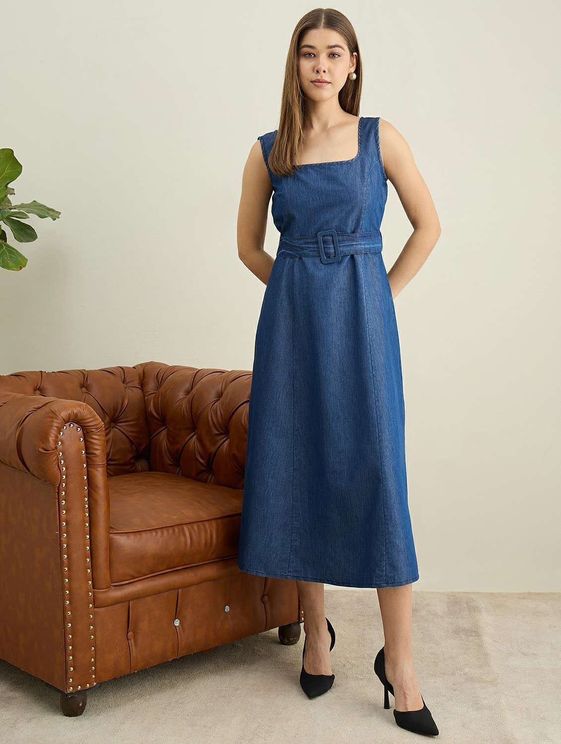 women solid sleeveless denim a-line dress - 22401941 -  Standard Image - 2