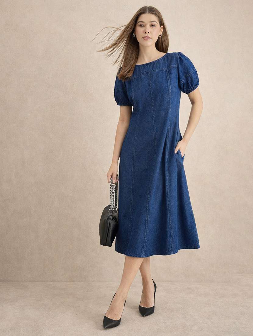women solid puff sleeve denim fit & flare dress - 22401942 -  Standard Image - 2