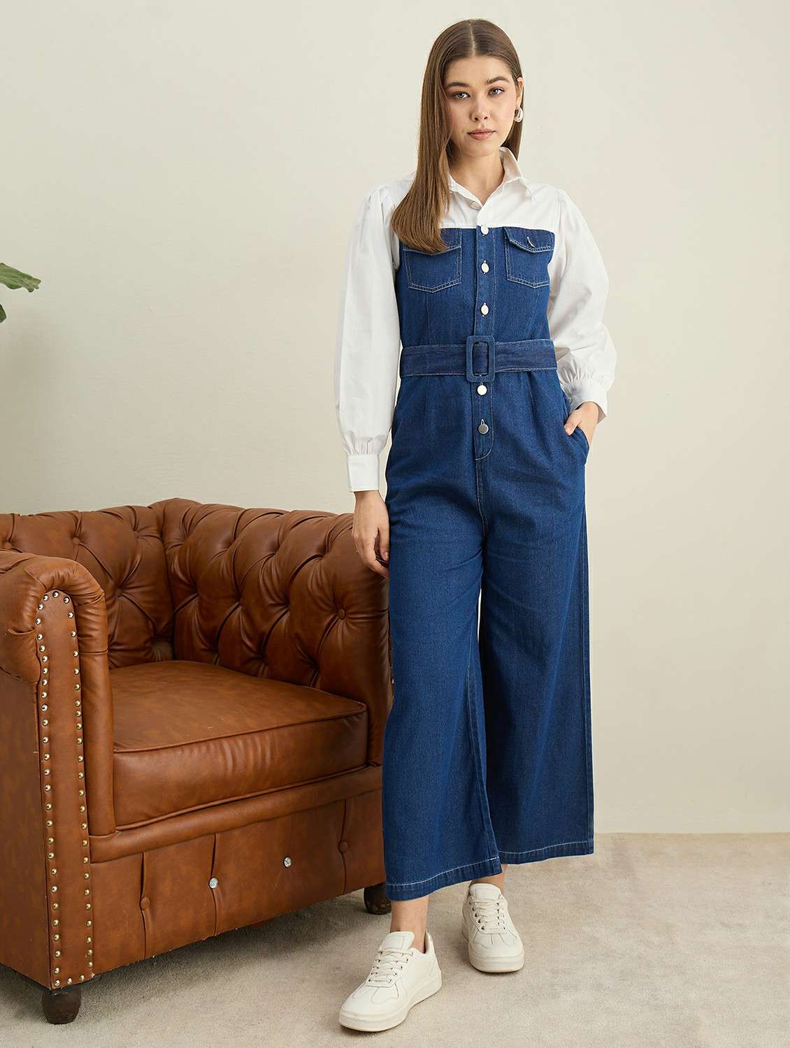 women solid collared puff sleeve denim jumpsuit - 22401944 -  Standard Image - 2