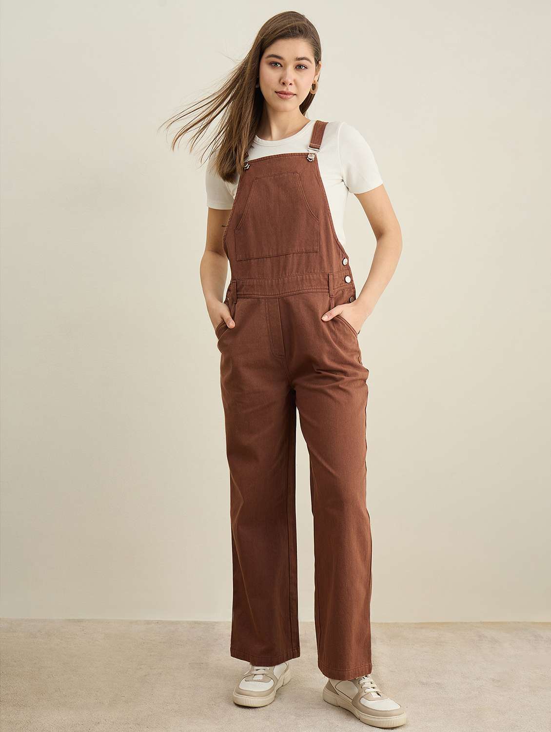 women brown solid full length dungaree - 22401946 -  Standard Image - 2