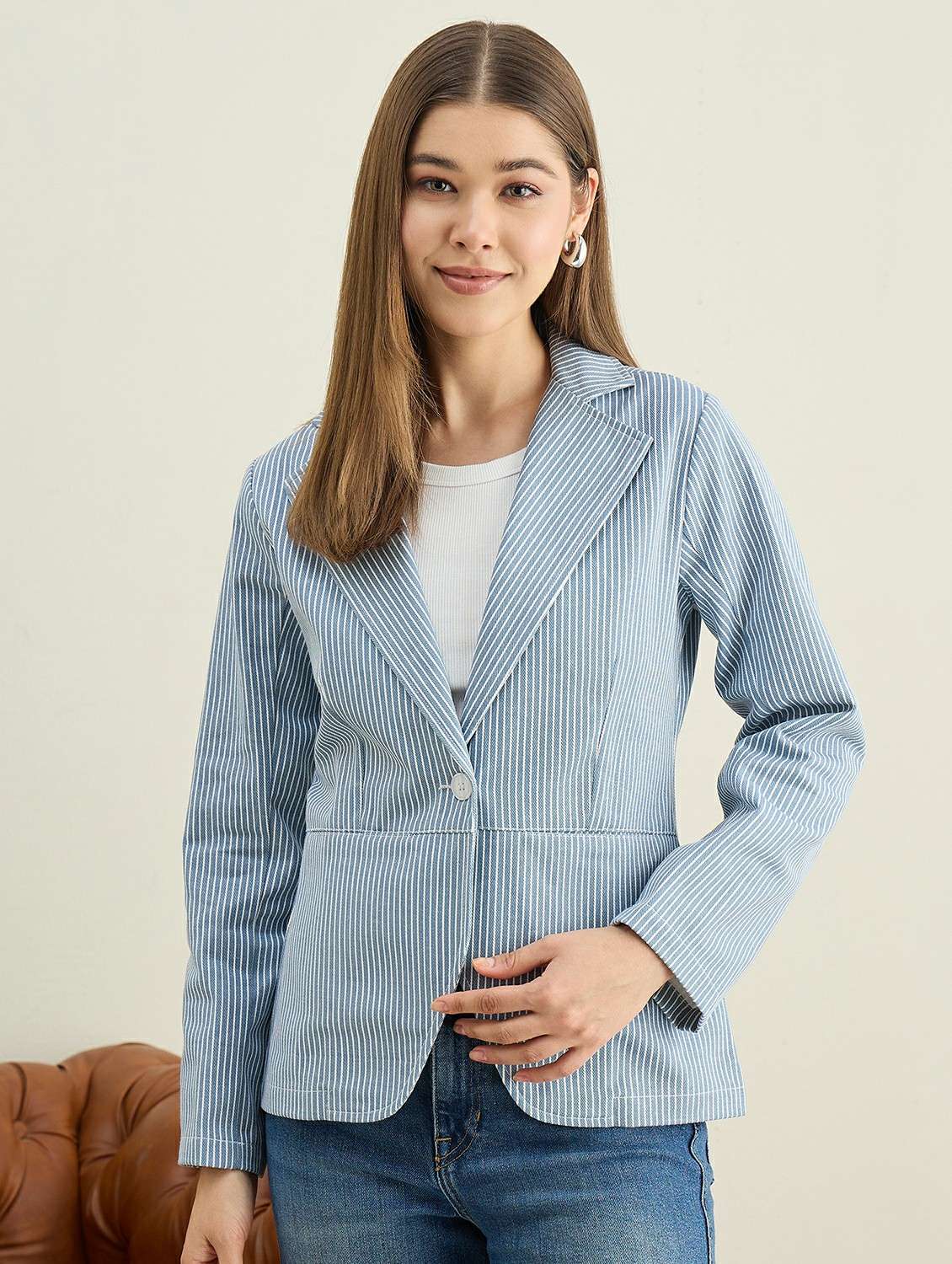 women striped long sleeve single breasted blazer - 22401950 -  Standard Image - 2