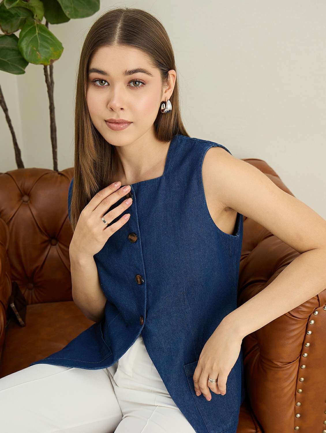 women solid sleeveless denim vest top