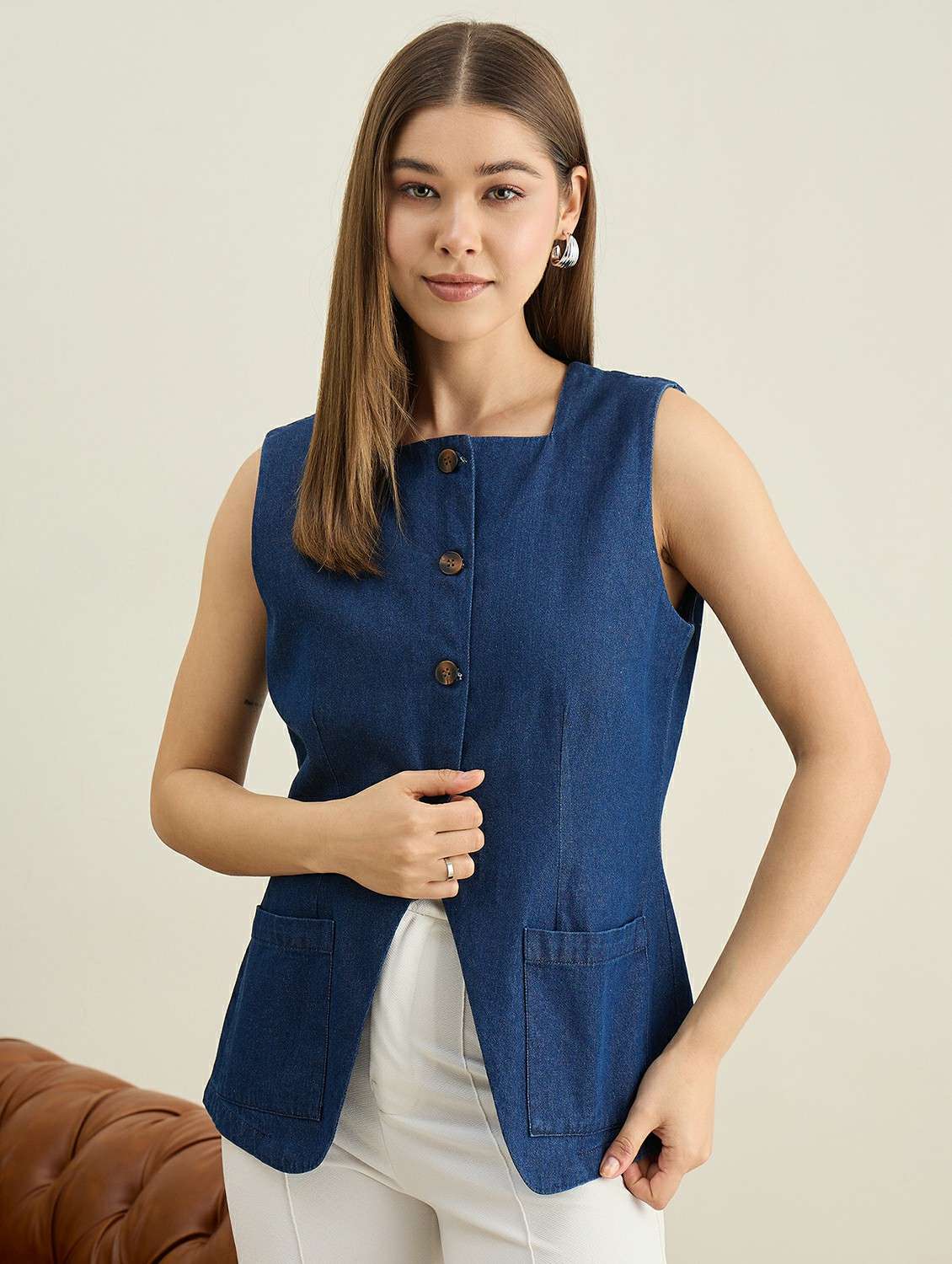 women solid sleeveless denim vest top - 22401956 -  Standard Image - 2