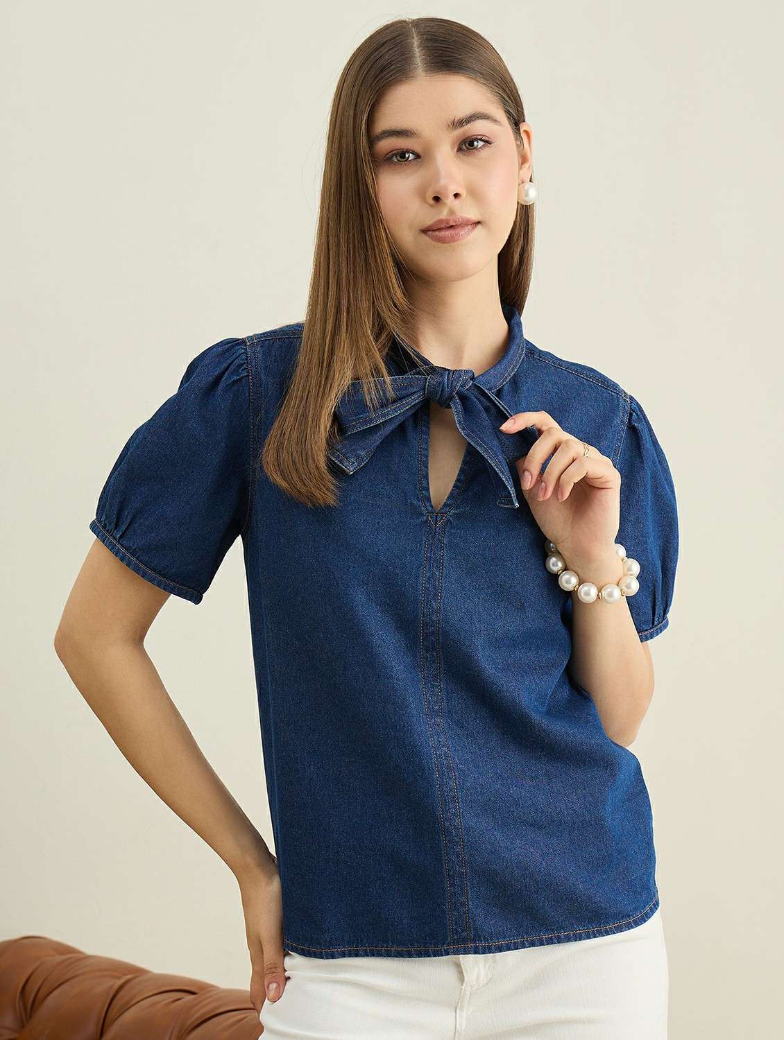 women solid puff sleeve denim top