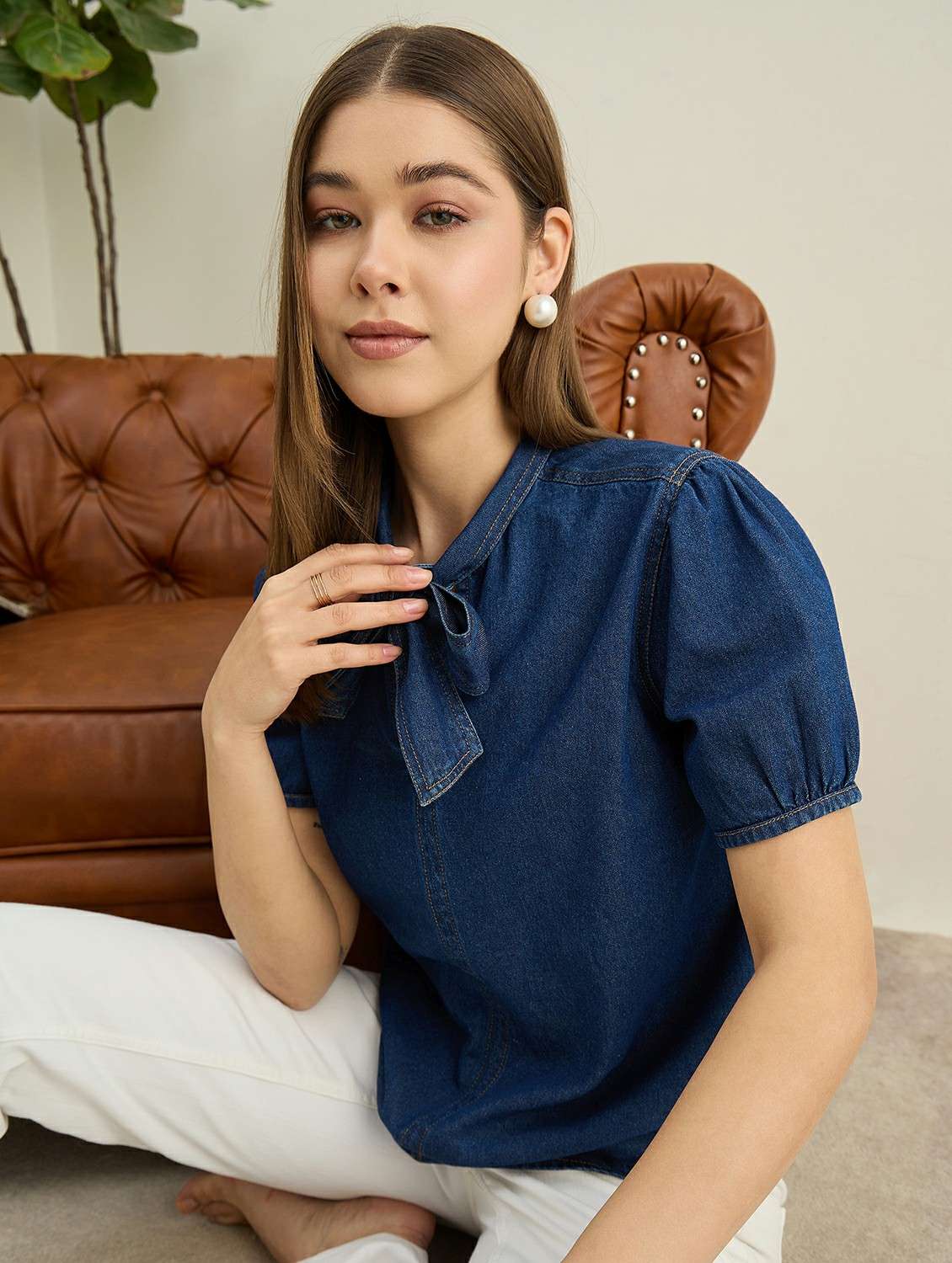 women solid puff sleeve denim top - 22401957 -  Standard Image - 2