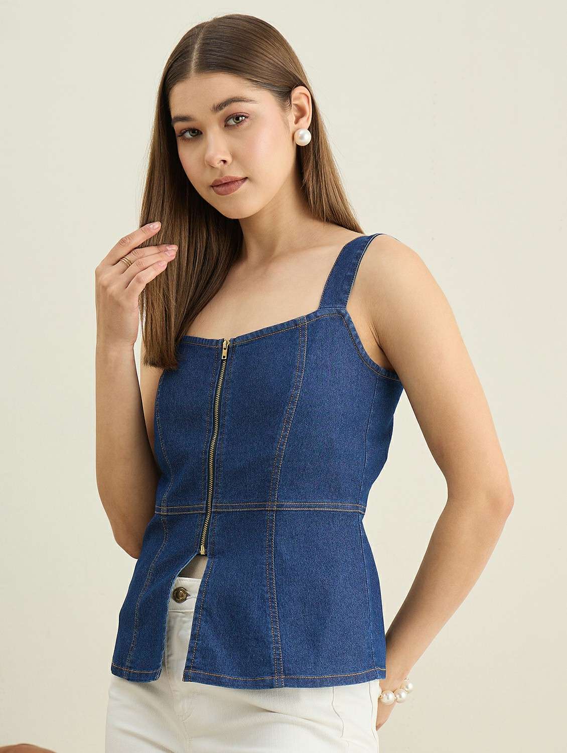 women solid sleevless denim straight top - 22401958 -  Standard Image - 2