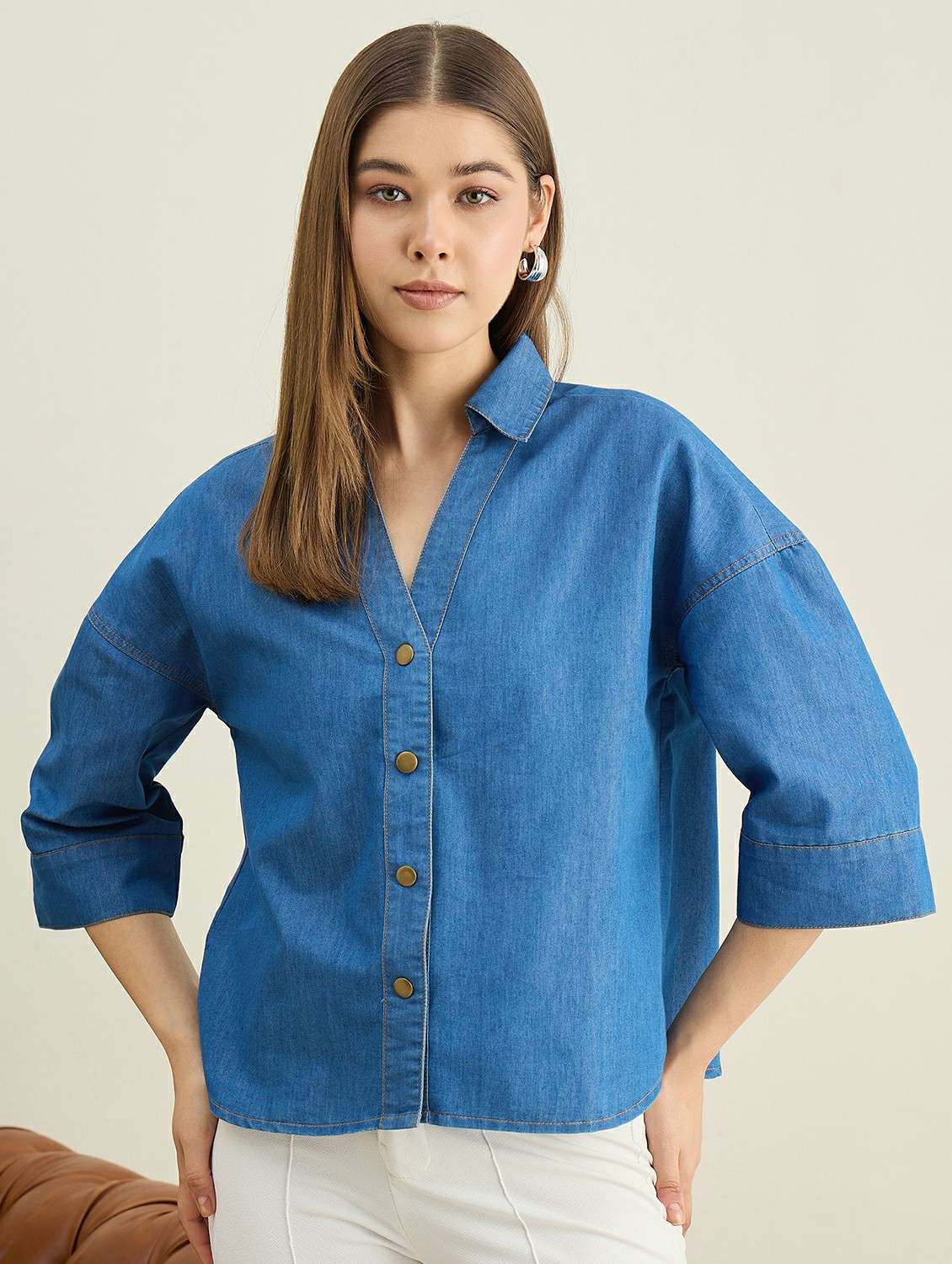 women solid puff sleeve denim boxy shirt