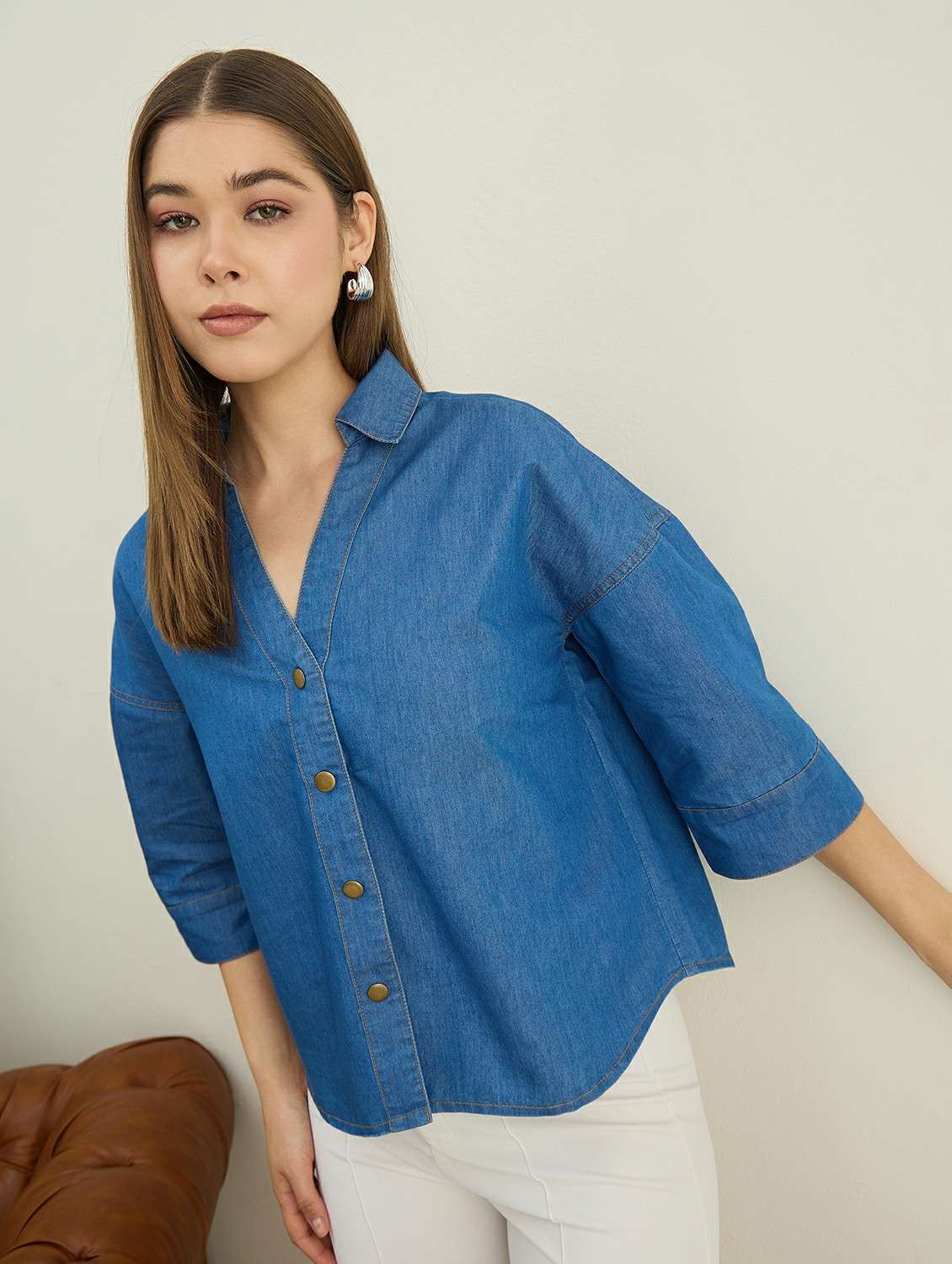 women solid puff sleeve denim boxy shirt - 22401959 -  Standard Image - 2