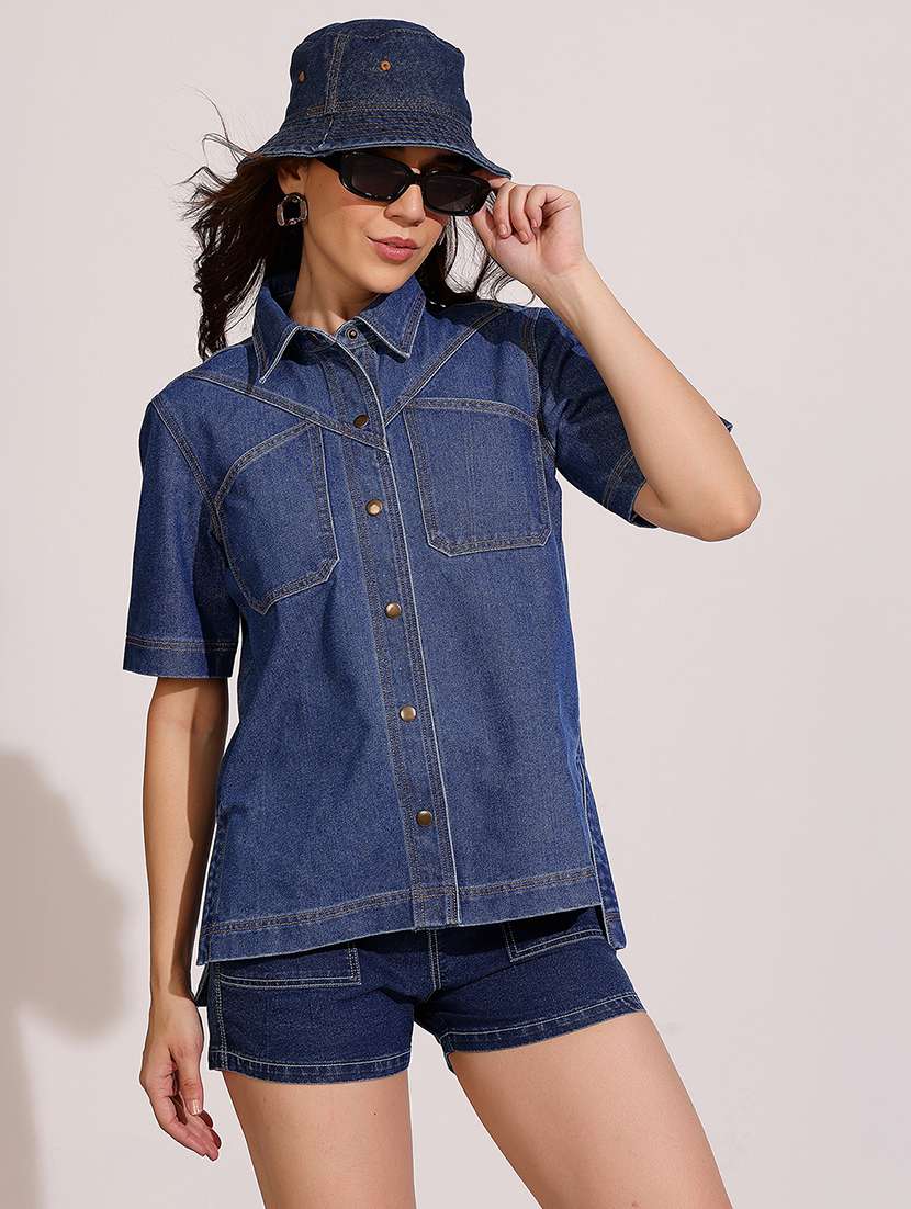 women solid collared short sleeve denim shirt - 22401990 -  Standard Image - 2