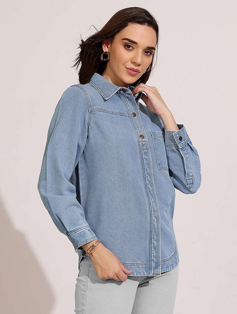 women solid long sleeve denim shirt - 22401991 -  Standard Image - 2